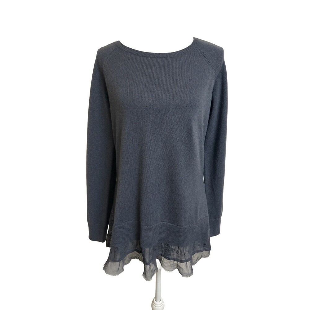 Garnet Hill Women's M Gray Shirttail Cashmere Sweater with Lacy Silk Trim